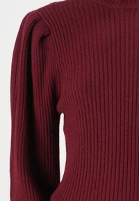 Burgundy ribbed sweater with long sleeves and a high neckline. The fabric appears soft with a textured surface and fitted design.