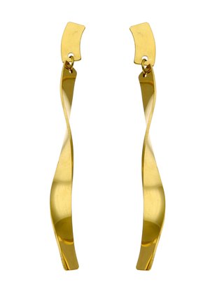 Lange øreringe i guldmetal med snoede, buede rektangulære dråber, der hænger fra små buede guldnitter.