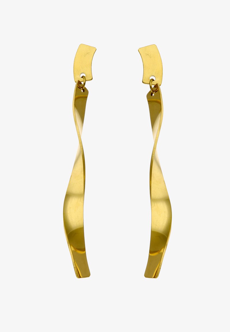 Cercei lungi din metal auriu cu pandantive dreptunghiulare răsucite și curbe, atârnând de mici tije curbate din aur.