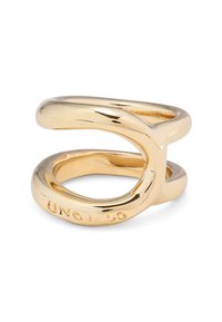 Bague en ton or conçue avec une forme entrelacée en boucle, présentant une finition lisse et brillante. Gravée avec "UNO."