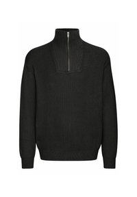 Pull en maille côtelée noire à manches longues et col montant avec une demi-fermeture éclair, présentant un motif texturé autour de la zone de la fermeture éclair.