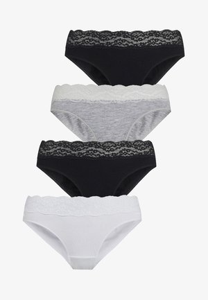 Vier Paare Damenunterwäsche: schwarz, grau und weiß. Jedes Stück ist mit einer Spitzenborte entlang des Bundes versehen. Baumwollmaterial mit einer glatten Textur.