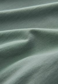 Bavlněná tkanina v jemné, tlumené zelené barvě, se hladkým povrchem a jemnými záhyby a vráskami, ilustrující splývavost a flexibilitu.