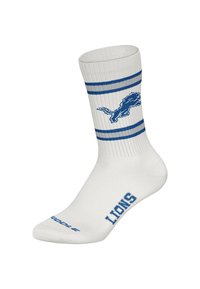 Biała sportowa skarpeta z niebieskimi paskami, niebieskim motywem lwa oraz napisem „LIONS” w niebieskim kolorze w okolicy palców. Żebrowana tekstura.