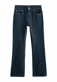 Pantalones vaqueros de mezclilla azul oscuro con diseño de pierna recta, estilo de cinco bolsillos, cierre de cremallera y detalles de costuras en tono cobre.