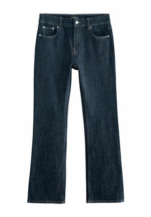 Dunkelblaue Jeans aus Denim mit geradem Bein, Fünf-Taschen-Design, Reißverschluss und kupferfarbenen Steppnähten.