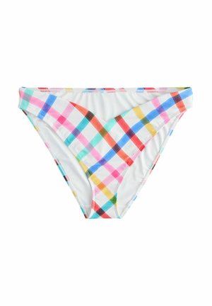 Multicolored bikini bottom featuring a white base with a checkered pattern in pink, blue, yellow, and green. Smooth fabric texture.