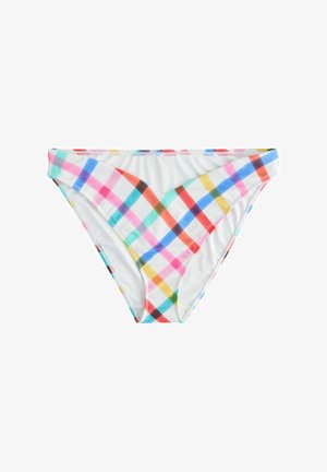 Multicolored bikini bottom featuring a white base with a checkered pattern in pink, blue, yellow, and green. Smooth fabric texture.