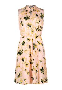 Floral print dress in pink with yellow and green accents. Features a high neck, sleeveless design, gathered waist, and flared skirt.