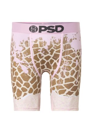 Calzoncillos bóxer de hombre con estampado de jirafas beige y salpicaduras de pintura rosa claro, con una cinturilla rosa claro con el logo PSD en negro.