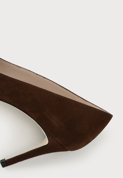 Chaussure à talon haut en daim marron à bout pointu avec un talon stiletto fin et une doublure intérieure beige clair sur un fond uni clair.