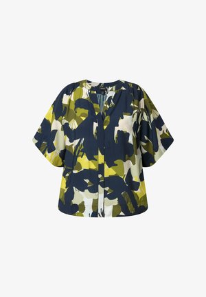 Lässige Bluse mit kurzen Ärmeln, grünem, marineblauem und cremefarbenem abstraktem Blumenmuster und einem V-Ausschnitt.