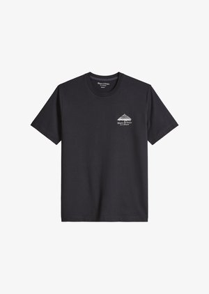 T-shirt nera a maniche corte con scollo rotondo, con una piccola grafica bianca di un tetto di paglia e la scritta "Marc O'Polo" sul petto sinistro.