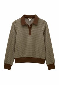 Brown and beige checkered pullover with a collared neckline, three buttons, and ribbed cuffs and hem. Soft textured material.