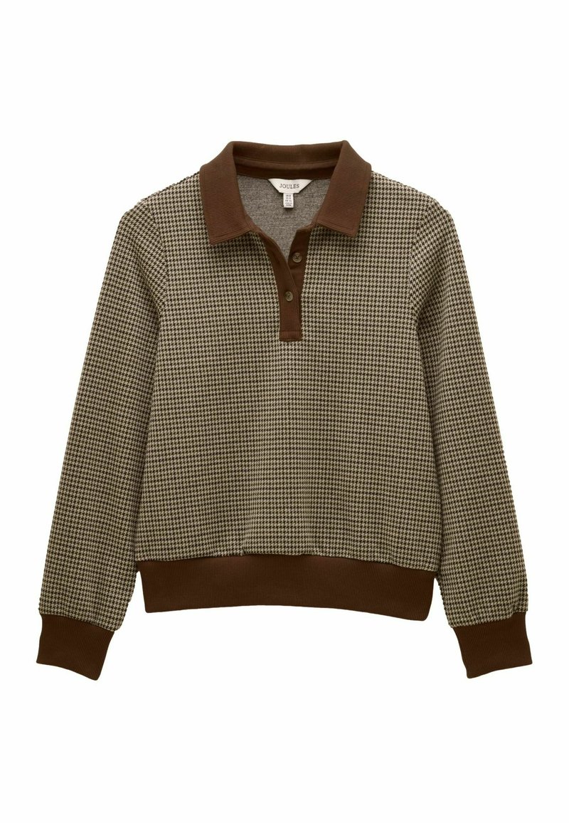 Brown and beige checkered pullover with a collared neckline, three buttons, and ribbed cuffs and hem. Soft textured material.
