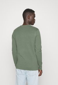 Maglione a coste verdi con maniche lunghe e scollatura rotonda. Il design presenta un tessuto testurizzato e una forma aderente.