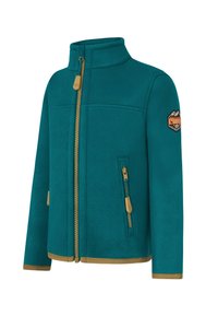 Türkise Fleecejacke mit hohem Kragen, Frontreißverschluss und seitlichen Taschen. Mit sandfarbenen Akzenten und einem gestickten Aufnäher am Ärmel.