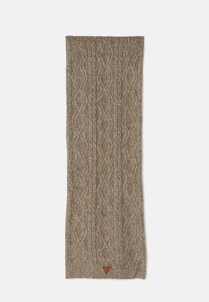 Sciarpa lavorata a maglia marrone con un motivo a treccia testurizzato e un accento in pelle triangolare nella parte inferiore. Materiale morbido e caldo.