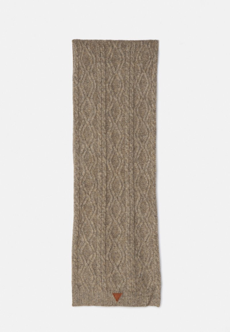 Sciarpa lavorata a maglia marrone con un motivo a treccia testurizzato e un accento in pelle triangolare nella parte inferiore. Materiale morbido e caldo.