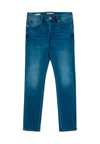 Jeans de denim azul con un diseño de pierna recta, que presentan un estilo de cinco bolsillos, una bragueta con cremallera y efectos de desvanecimiento sutil en la tela.