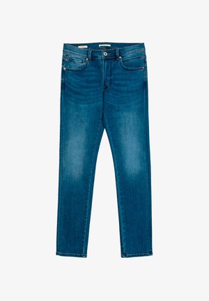 Jeans de denim azul con un diseño de pierna recta, que presentan un estilo de cinco bolsillos, una bragueta con cremallera y efectos de desvanecimiento sutil en la tela.