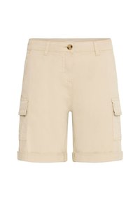 Beige cargo shorts laget av lett materiale, med to sidelommer, to cargo-lommer og rullede kanter.