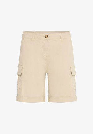 Bežové cargo šortky vyrobené z ľahkej tkaniny, s dvoma bočnými vreckami, dvoma cargo vreckami a preverenými lemami.