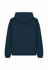 Felpa con cappuccio blu scuro dal texture morbida. Presenta maniche lunghe, polsini e orlo a costine, e un design semplice e minimalista.