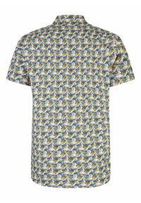Kurzarmhemd mit einem floralen Druck in grünen, gelben und lila Mustern auf einem weißen Hintergrund. Mit Button-Down-Kragen und lockerer Passform.