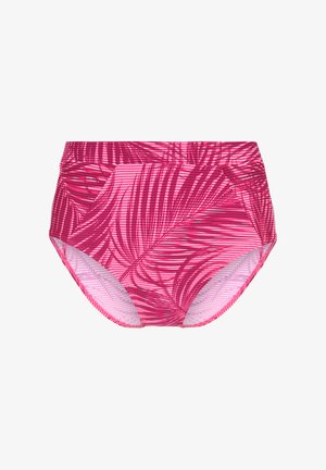 Hochgeschnittene Bikinihose in verschiedenen Rosatönen mit einem Blattmuster und gestreiftem Design. Gefertigt aus dehnbarem Stoff für maximalen Komfort.