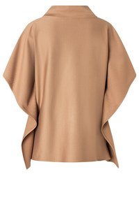 Beige poncho-style top with a wide, flowing design, a collar, and a soft textured fabric. Features draped sleeves and an open back.
