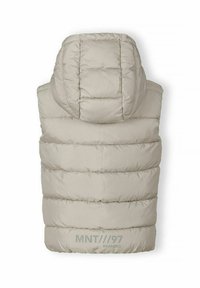 Beige pufferväst med huva, med kviltad textur, horisontella sömmar och vemodigt logo i ljusgrått längst ner.