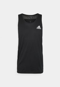 Canotta sportiva nera senza maniche realizzata in tessuto liscio, con scollatura in rete e logo bianco Adidas sulla parte anteriore. Fit regolare.