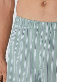 Shorts de pyjama rayés verts et blancs avec une taille élastique, ornés de deux boutons à l'avant et en matière coton doux.