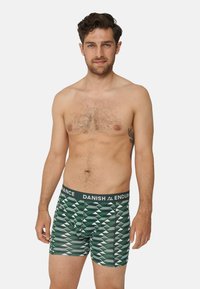 Boxer shorts verdi con motivo e vita nera etichettata "DANISH ENDURANCE", presentano forme geometriche in tonalità più chiare.