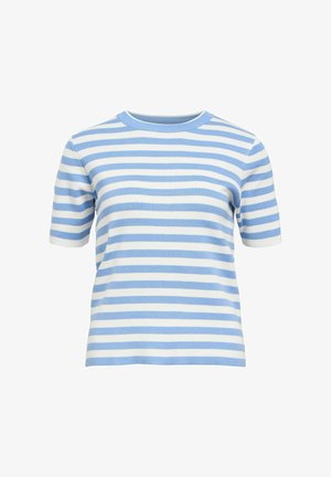 Páskový krátký rukáv v světle modré a bílé barvě, se zaobleným výstřihem a žebrovanou pleteninou. Volný střih s rovnoměrnými vodorovnými pruhy.