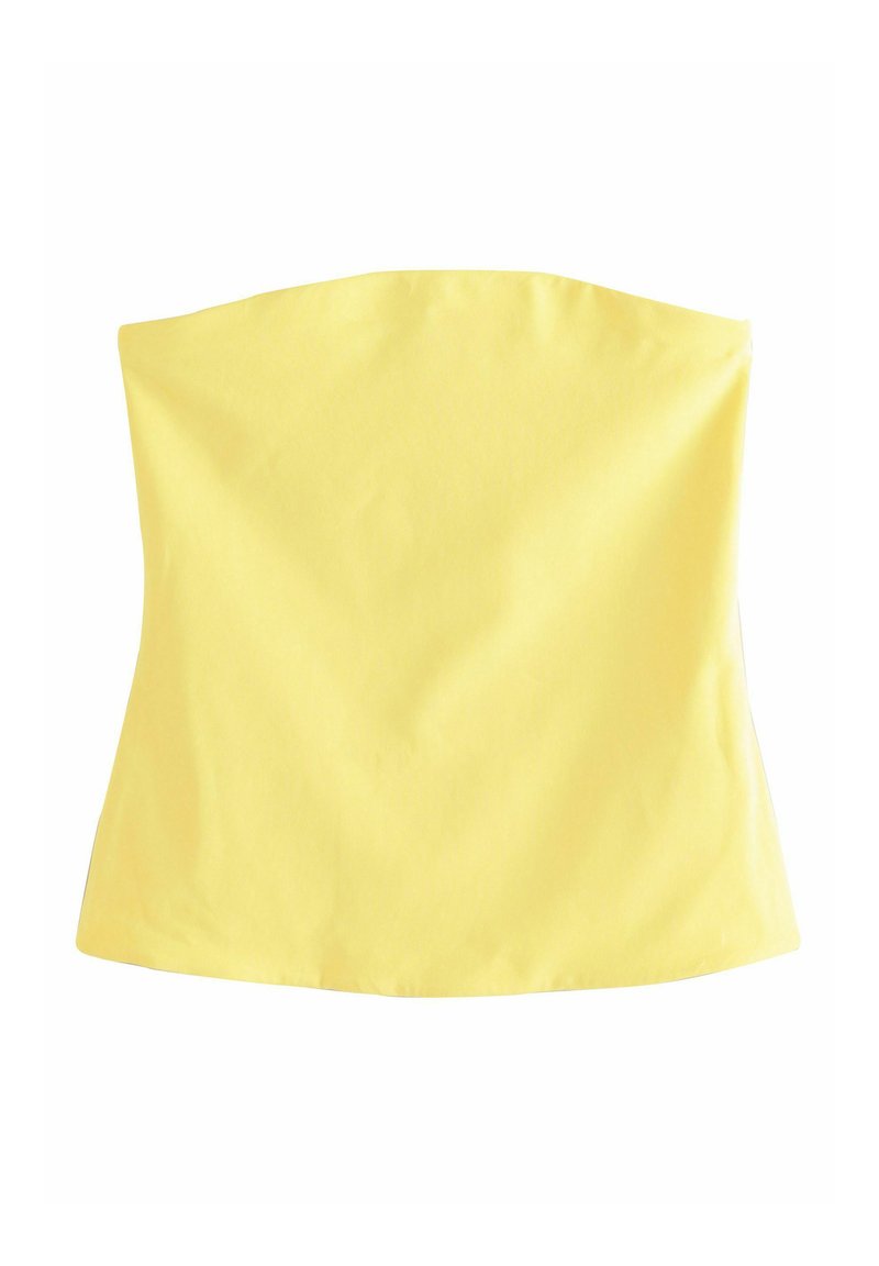 Geel strapless top gemaakt van gladde katoenstof. Eenvoudig ontwerp met een rechte halslijn en een getailleerd silhouet.