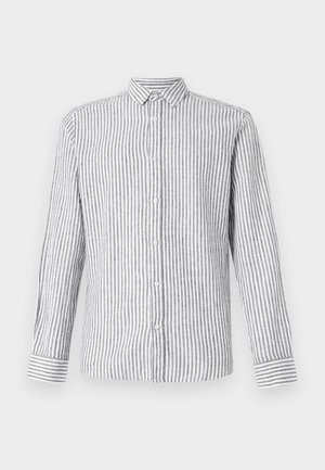 Long-sleeve button-up shirt in light gray with white vertical stripes. Features a classic collar and cuffs with a striped pattern.