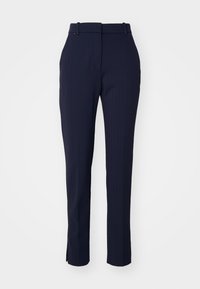 Pantaloni tailored blu navy con motivo a righe verticali, vestibilità affusolata, passanti per cintura e senza chiusure o tasche visibili. Tessuto liscio.