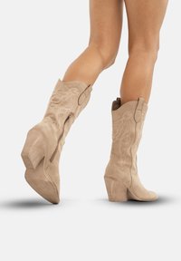 Botas de vaquero de ante beige con un tacón bloque de altura media, detalle de costura decorativa y un cierre con cremallera lateral.