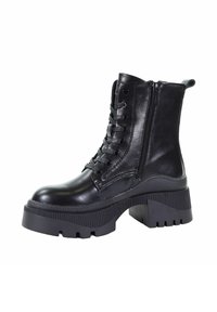 Czarne skórzane botki za kostkę z okrągłym noskiem, sznurowanym przodem, bocznym zamkiem błyskawicznym oraz masywną, teksturowaną podeszwą. Posiadają pętelkę na pięcie.