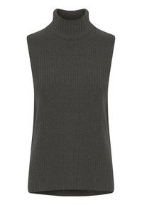 Bez rękawów, ciemnoszary sweter z wysokim kołnierzem, z prążkowaną fakturą, dopasowanym kołnierzem oraz prostym krojem z lekko zaokrąglonym dołem.