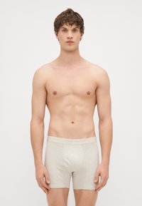 Boxeri din bumbac bej, cu o textură moale, având un brâu elastic îngust etichetat 'GAP' într-o culoare deschisă. Modelul stă în picioare.