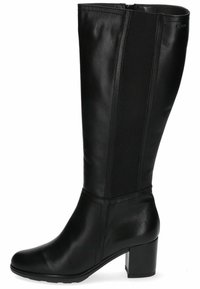 Bota de cuero negra hasta la rodilla con paneles laterales elásticos, puntera redonda y tacón ancho. Textura suave con sutiles detalles de costura.