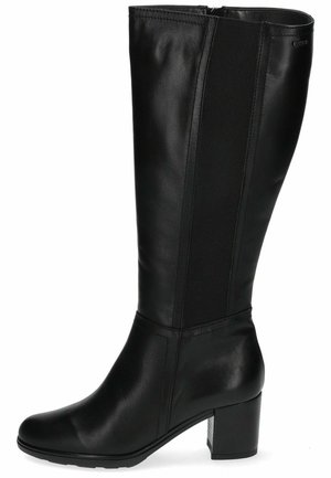 Botte noire en cuir montant avec panneaux latéraux en élastique, bout arrondi et talon bloc épais. Texture lisse avec des détails de couture subtils.