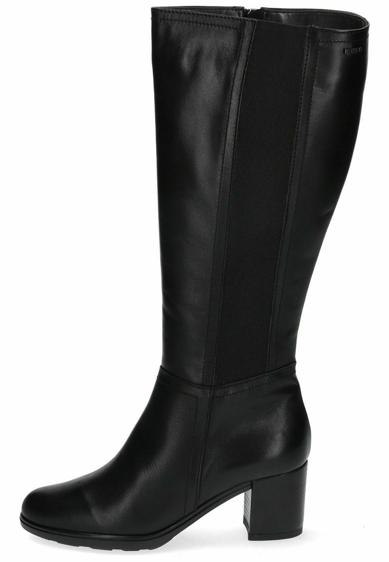 Bota de cuero negra hasta la rodilla con paneles laterales elásticos, puntera redonda y tacón ancho. Textura suave con sutiles detalles de costura.