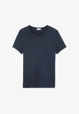 Tamsiai mėlyna trumpomis rankovėmis marškinėliai iš minkštos medvilnės, su apvalia iškirpte ir lygiu, be dekoro paviršiumi.