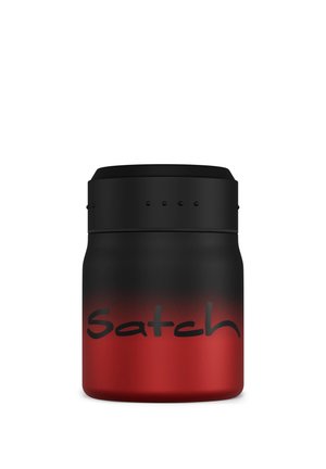 Compact red and black insulated food jar with a black lid and the brand name "Satch" in black text across the body.