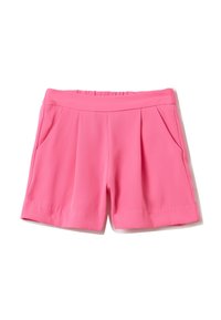Pantaloni shorts plissettati rosa con vita elasticizzata, tasche laterali e una texture di tessuto liscia. Nessun motivo o dettaglio visibile.