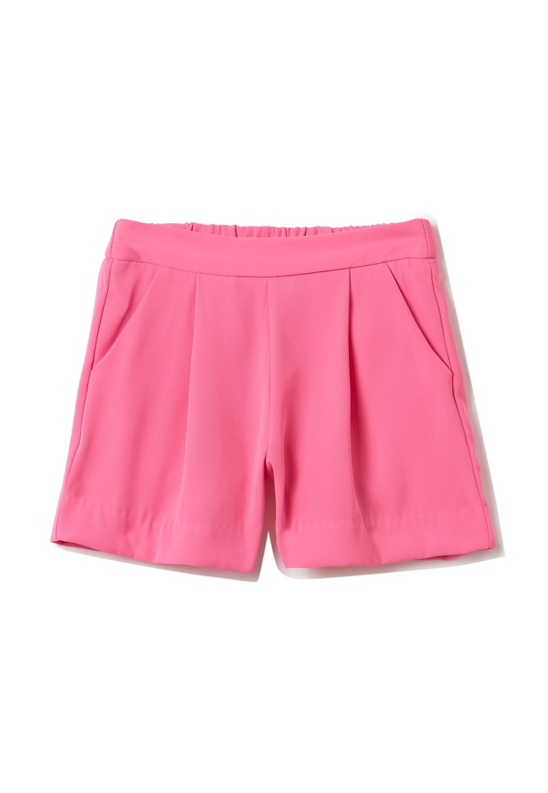 Pantaloni shorts plissettati rosa con vita elasticizzata, tasche laterali e una texture di tessuto liscia. Nessun motivo o dettaglio visibile.